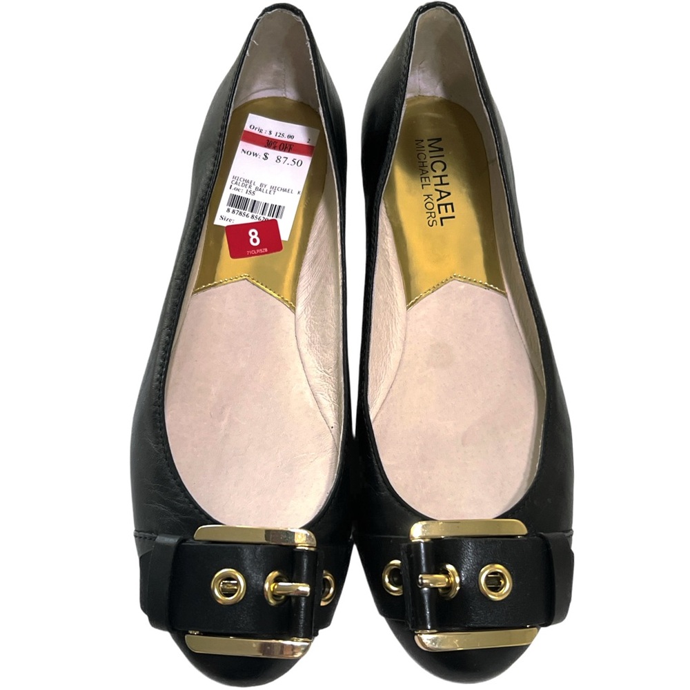 Michael Kors Black Leather Ballet Flats Gold Buckle Size 8 Medium